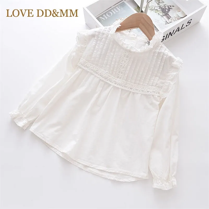 LOVE DDMM Mädchen Shirts Frühling Kinder Kleidung Mädchen Tops Blume Hohl Stickerei Süße Spitze Seite Stehen Langarm Bluse 210306