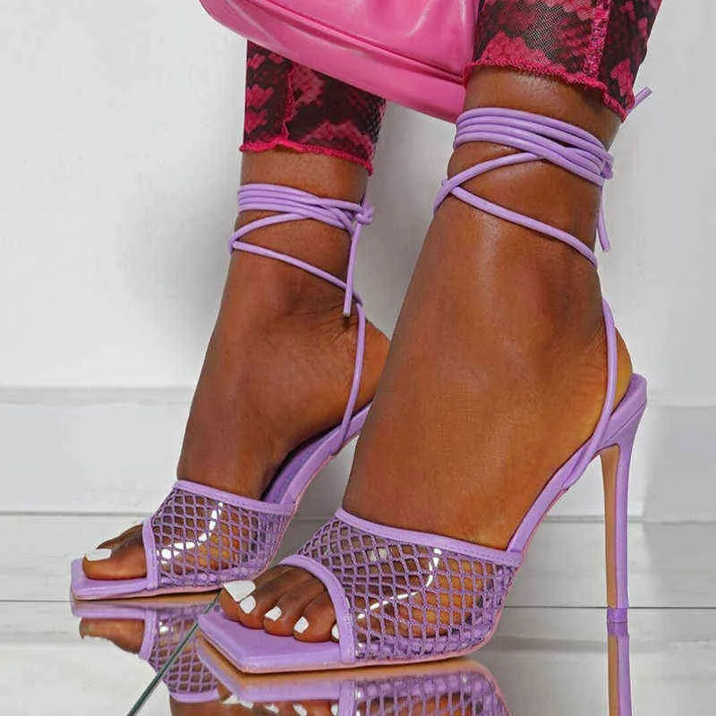 Sandals Sexy Purple Orange Mesh Women Summer Fashion Square Open Toe Ankle Cross Lace-Up Stiletto Heels Hollow Dress Shoes Pumps 220303