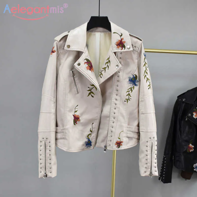 Aelegantmis Embroidery Rivet Cropped Faux Leather Jacket Women Moto Biker PU Coat Female Zippers Streetwear Outerwear Fashion 210607