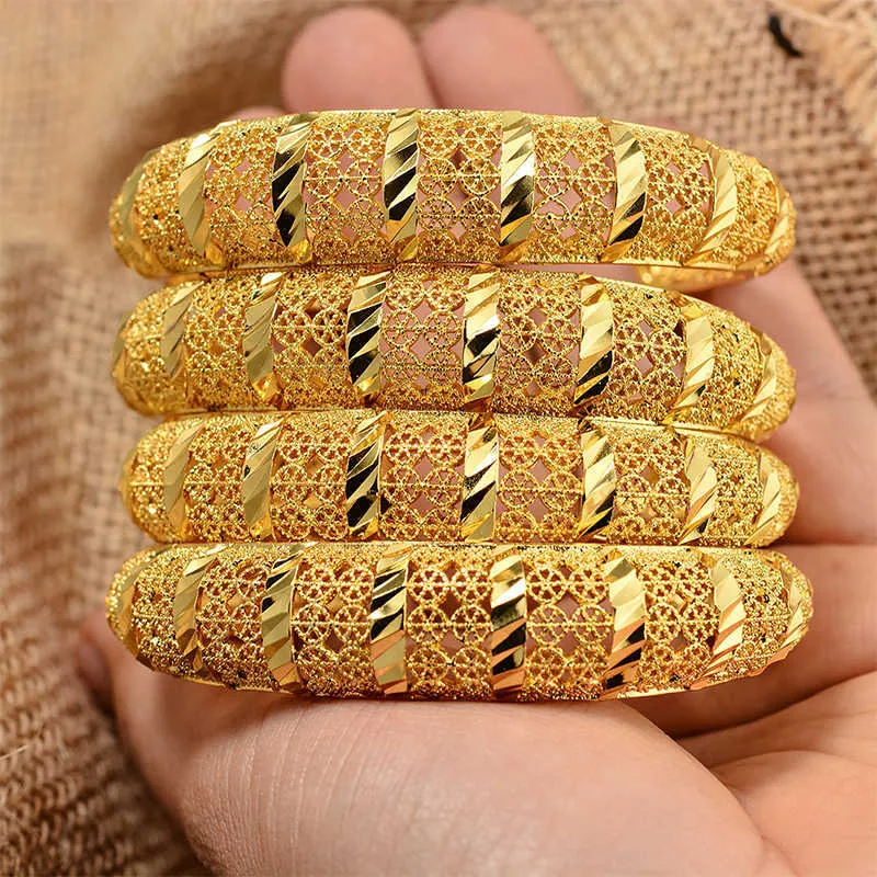 4pcs/lot Bangles Ethiopian Gold Color Bangle for Women Dubai Bride Wedding Bracelet African Arab Jewelry Middle East Q0717