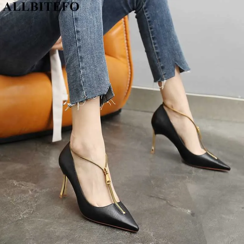 AllBiteBo Gold Zip Sexy High Saltos Festa Mulheres Sapatos Fashion Sexy Alta Qualidade Alto Salto Sapatos Primavera Mulheres Saltos Sapatos 210611