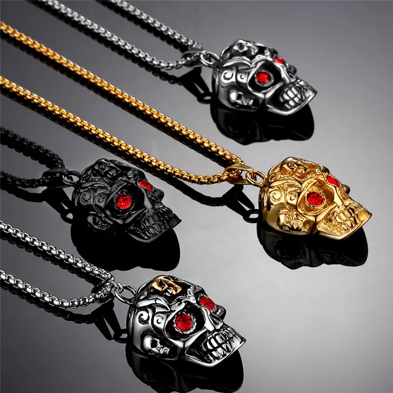 Fashion Biker Punk skull head pendants hip hop red eye Stainless Steel necklace pendant Antique Silver Gold Black Men's jewelry with ruby cz stone