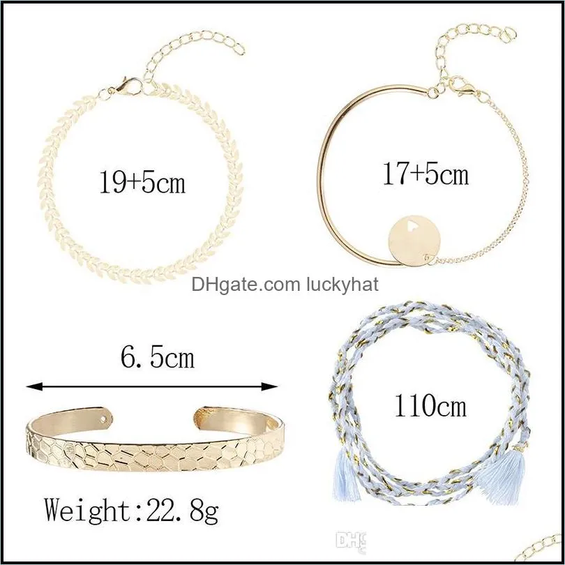 Retro Women Bracelets Pattern Airplane Chain Braided Blue Rope Fringe Round Heart Gold Bracelet Set Simple Birthday Gift