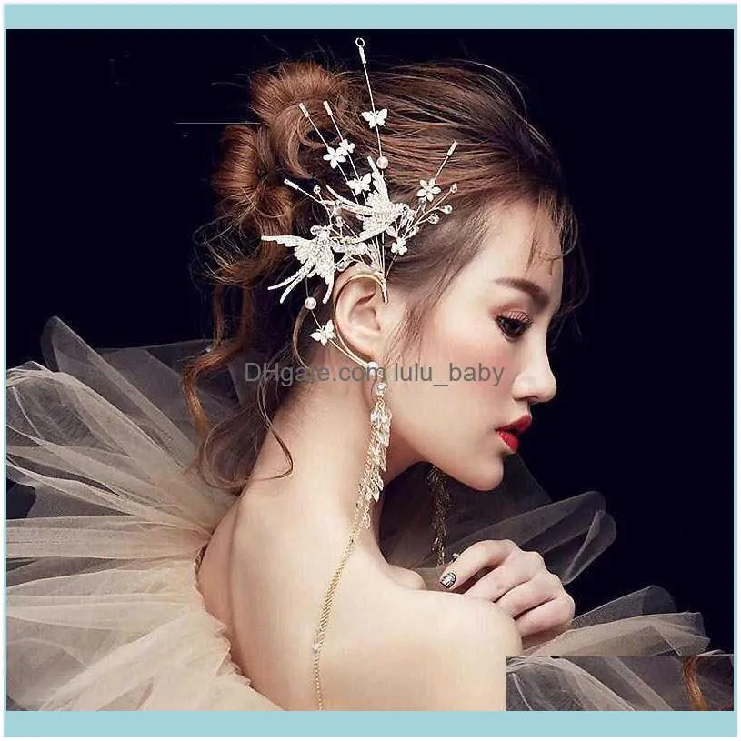 Luxury Handmade Cubic Zircon Bride`s Headdress Clip Ear Hanging Dual Use Super Fairy Jewelry Wedding Hair Accessories
