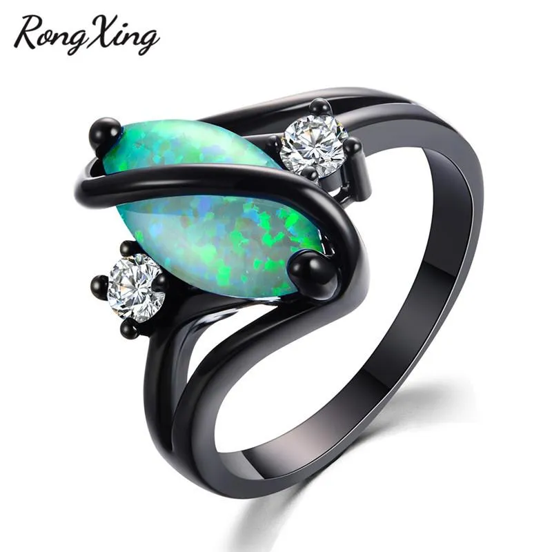 Fedi nuziali RongXing Charming Green Fire Opal S Per donna Uomo Gioielli moda Vintage Black Gold Filled CZ Promise Ring RB0981