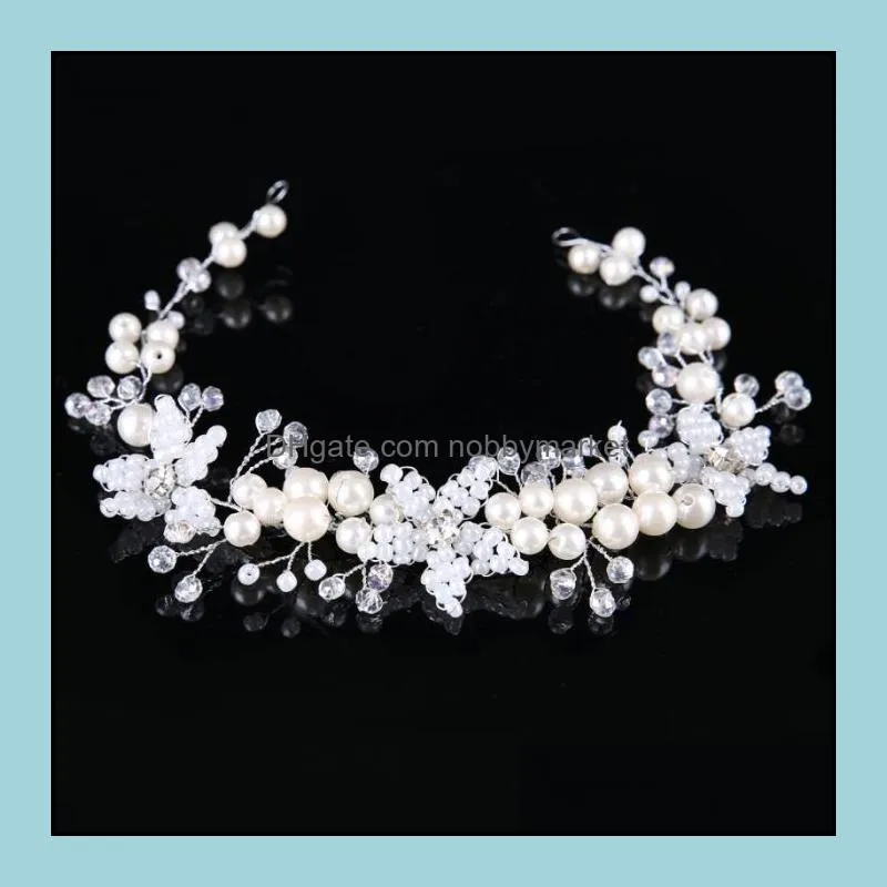 Silver Color Handmade Flower Headband Pearl Crystal Tiara Jewelry Bridal Headpiece Women Wedding Hair Accessories