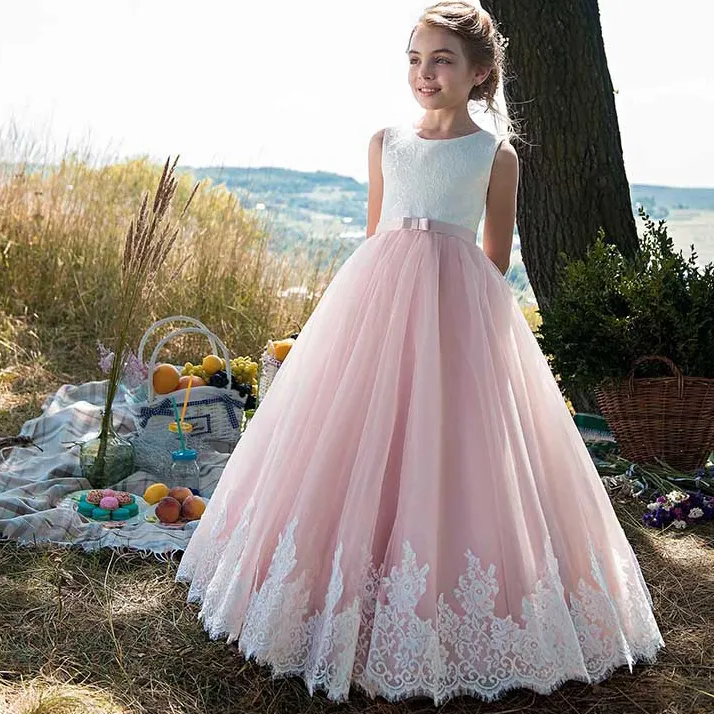 Lace Flower Weddings V Neck Tulle Floor Longueur Back Ball Ball Robe de demoiselle d'honneur junior Robes pour les filles Real Image 403