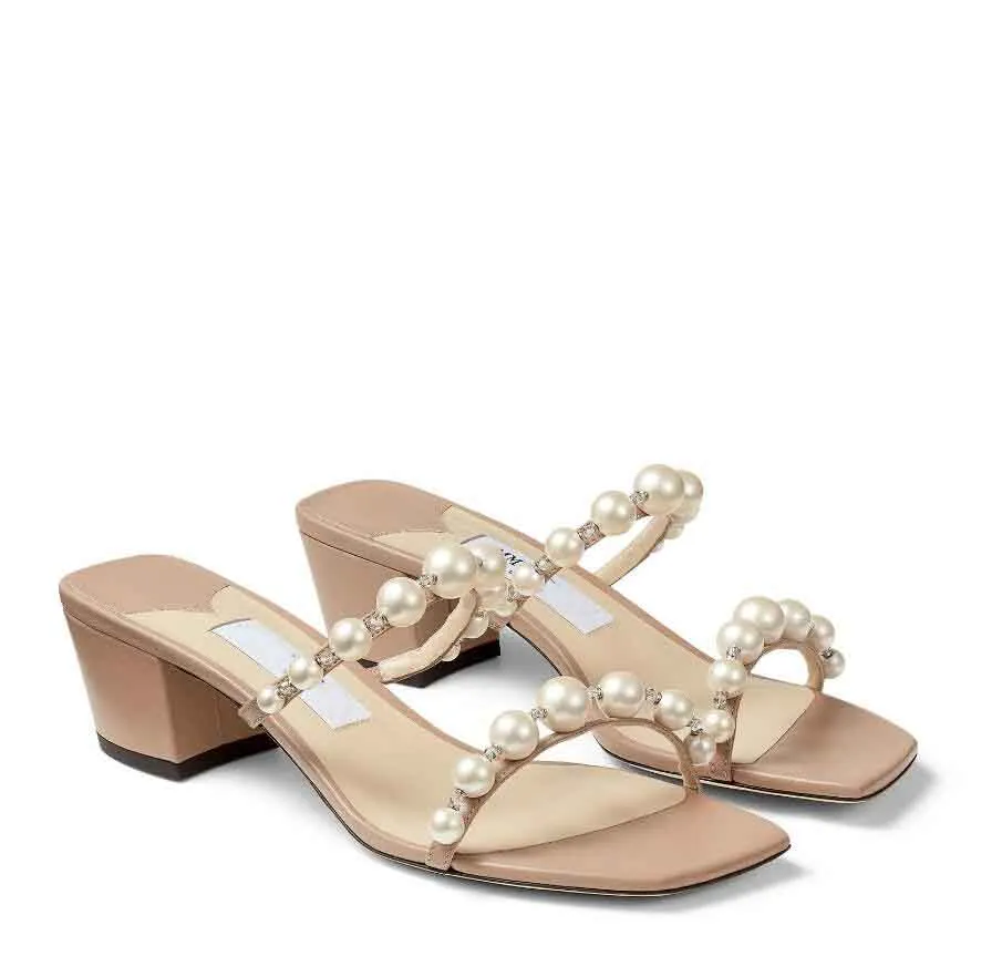 Design de verão Amara Sandal Mulheres de Praia Slipper Mule Pearl Strappy Dress Party Wedding High Beels Flip-Flops Sandalias EU35-43