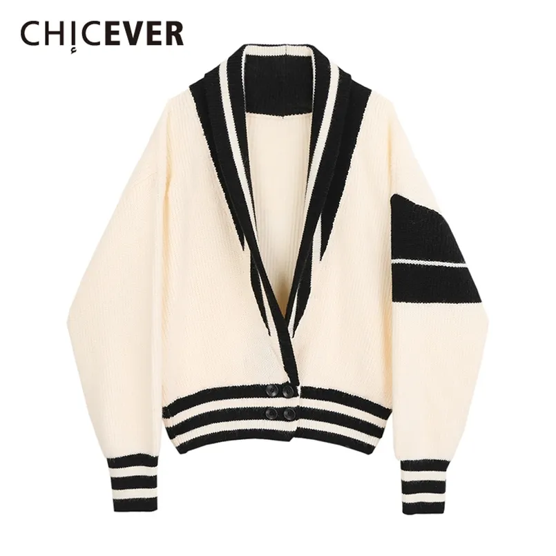 CHICEVER Patchwork Manteau Pour Femmes V Cou Lanterne À Manches Longues Rayé Hit Couleur Tricot Cardigan Femme Automne Style 210914