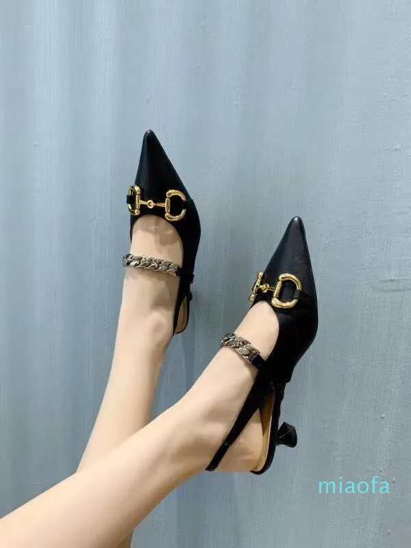 noir/ivoire chaîne en cuir véritable pointu glisser sur sling dos chaton talons/chaussures plates dames