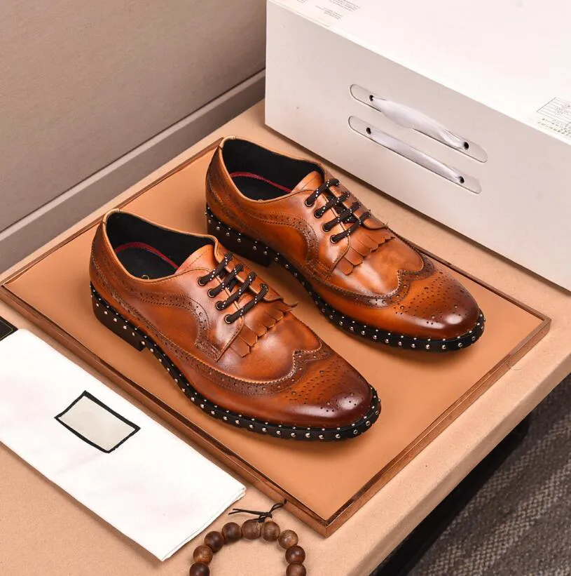 Vintage Print Cow Leather Designer Mens Cognac Dress Shoes For Men