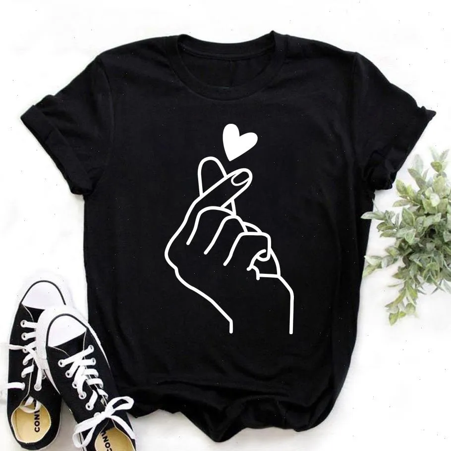 Zogankin Womens T-shirt Short Sleeve T Shirt Female Heart Gesture Print Black Shirts Girls Summer Fashion Clothes