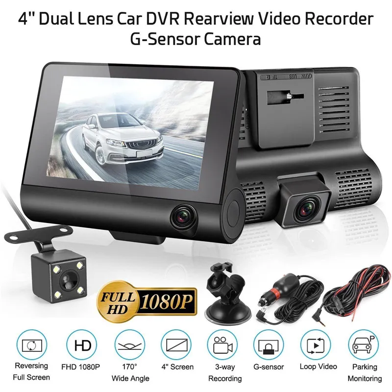 3 Telecamere Obiettivo 4.0 Pollici Touch Screen Car Dvr Videoregistratore FHD 1080P Auto Dash Supporto telecamera Vista posteriore