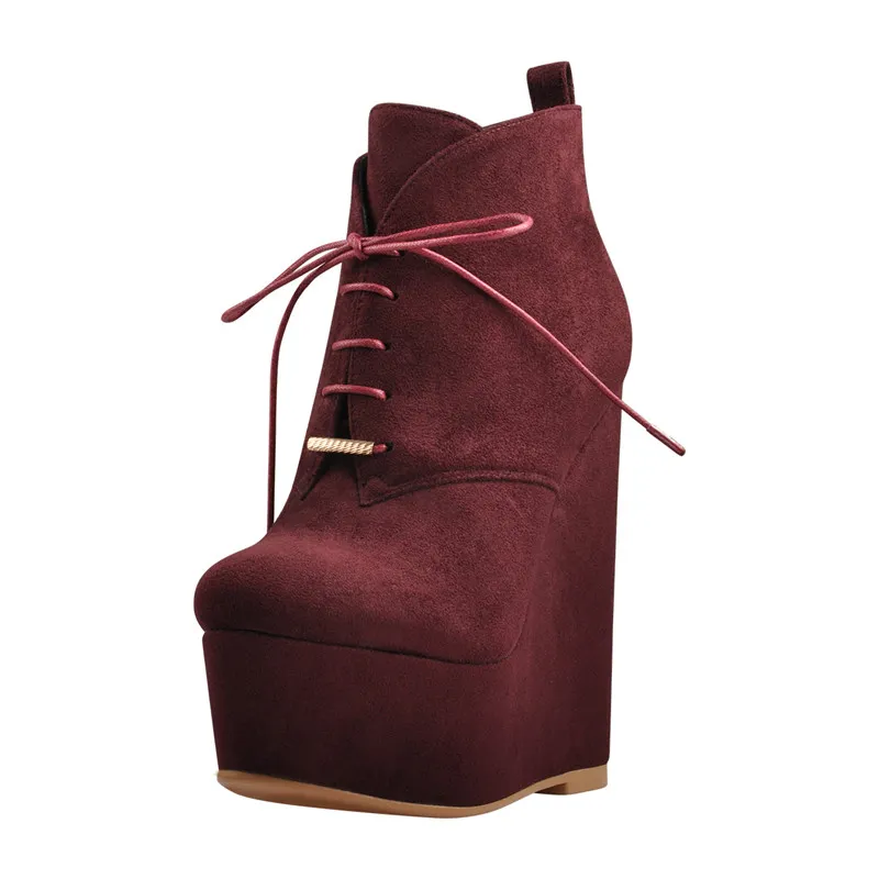 Womens Round Toe Platform Wedge Zip Burgundy Boots Heels High Flock Fashion BIG Size Booties.