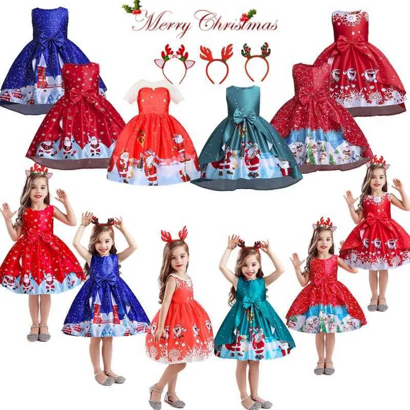 Julklänning Girl 2021 Hjort Headband Xmas Princess Dresses for Kids 4-10 yrs Bow Snowflake Ärmlös Evenemang Prom Clothing G1026