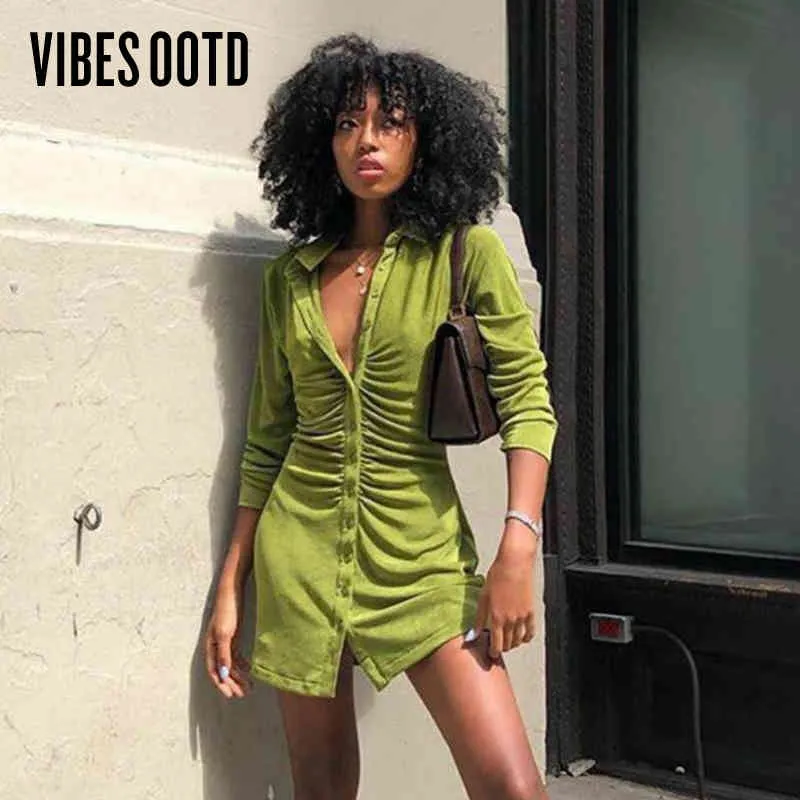 Vibesootd nedskrivningskvinnor Klädsel Klubbparty Långärmad knapp Green Mini Dress Holiday 2021 Spring Streetwear X0521