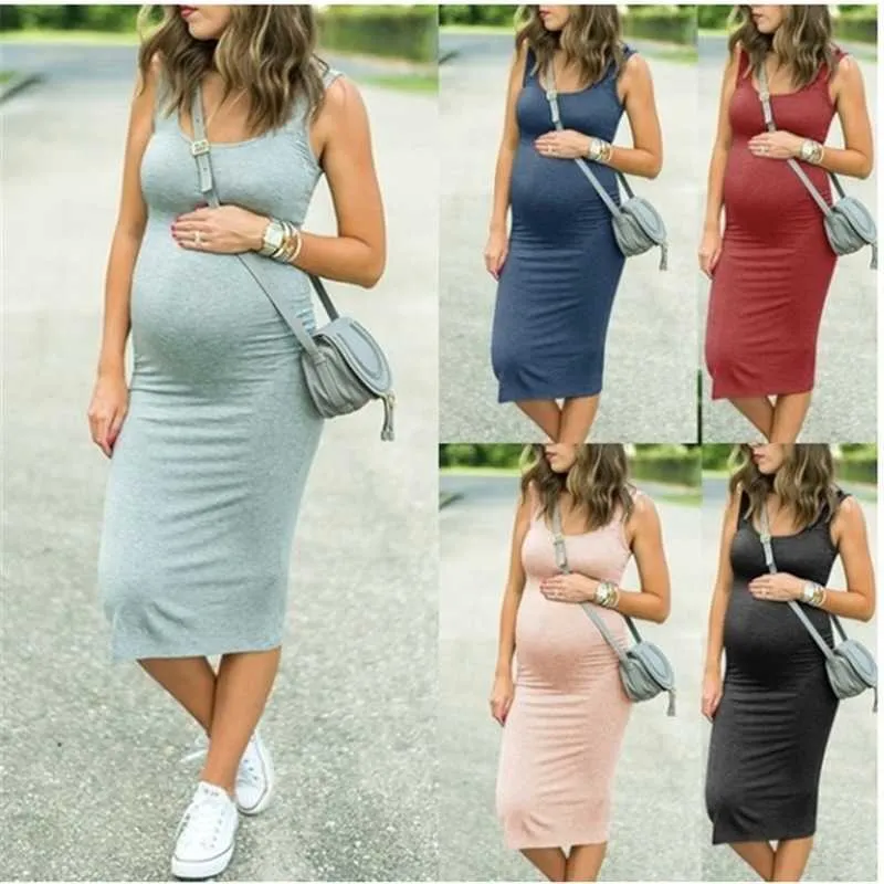 Robe de maternité Solide Sans Manches Pregnat Vêtements Casual Grossesse Dresse Col Rond Stretch Taille Maxi Robe Ropa Premama Q0713