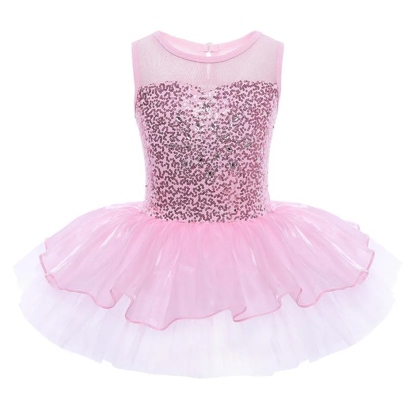 Tjejens klänningar Ballerina Fairy Party Kostymer Tjejer Ballett Klänning Kids Dance Wear Ärmlös Sequins Gymnastics Leotard Tutu