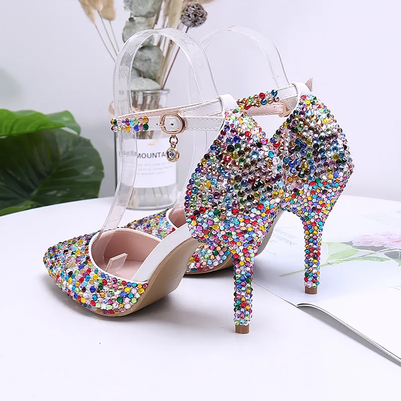 2021 High Heels Multi Color Crystal Wedding Shoes 3 Inches Pointed Tow Bridal Dress Shoes Buckle Straps Bridesmaid Shoes US size 10.5
