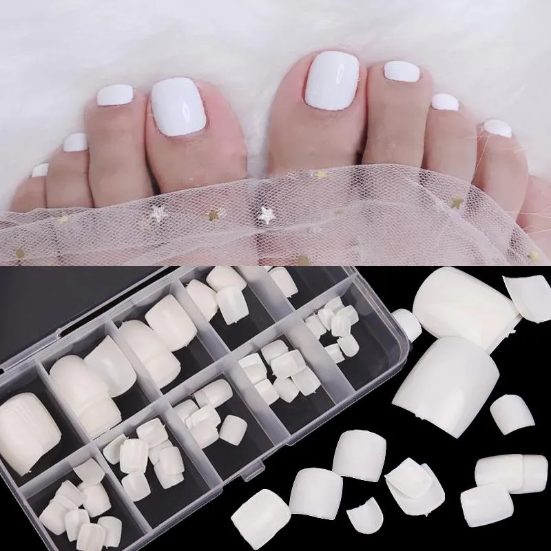 Falska naglar 100st Acrylic Fake Toenail Artificiell Naturlig Vit Klar Press på Toe Foot Art Tips Full Cover Nail Manicure