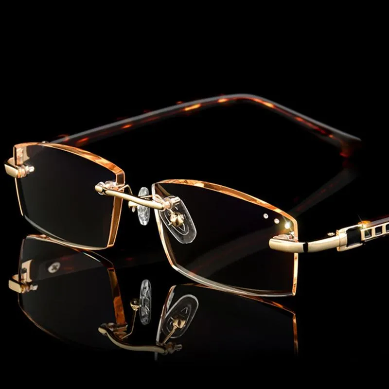 Zonnebril Mode Luxe Designer Reading Bril Rimless Diamant Snijden Frame Square Reader Mannen Dames Presbyopie Anti-Blue Light