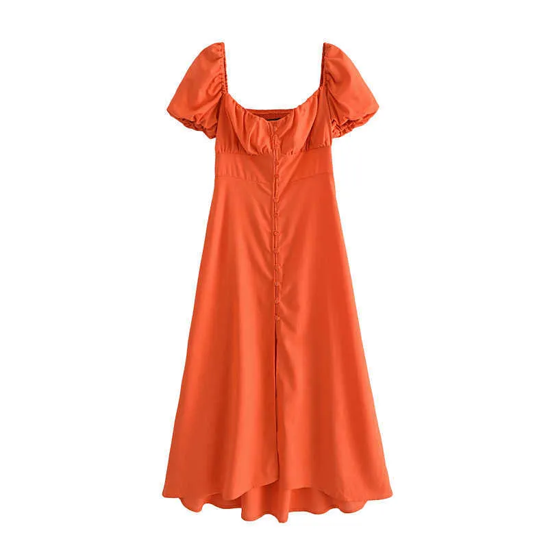 Tangada Sommer Mode Frauen Solide Orange Kleid Plissee Puff Kurzarm Damen Casual Midi Kleid Vestidos 3H671-1 210609