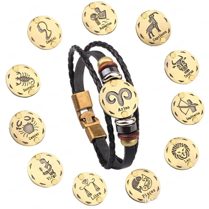 12 sterrenbeelden armband voor vrouwen sieraden handgemaakte gevlochten mannen punk armband lederen horoscoop armbanden
