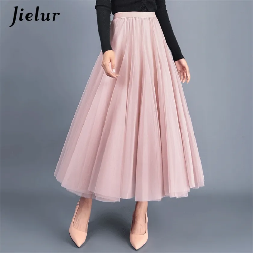 Jielur Skirts Autumn 3 Layers Princess Tulle Mesh Pleated Skirt Saia Female Jupe Summer Tutu Faldas Mujer Moda 220214