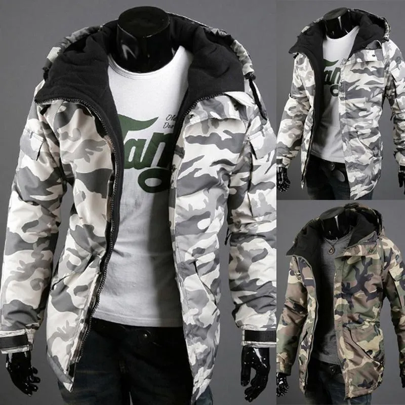 Tasarımcı Erkekler Kış Kalın Sıcak Ceket Kürk Rüzgarlık Ceket Sonbahar Kış Sıcak Erkekler Kamuflaj Baskı Cep Ceket Fermuar Uzun SL