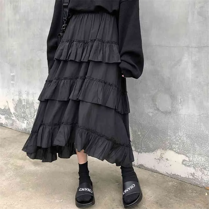 Houzhou MIDI длинные юбки женские готические высокие низкие рисунные рюшами талья асимметричная черная юбка летняя корейская мода гот 210708