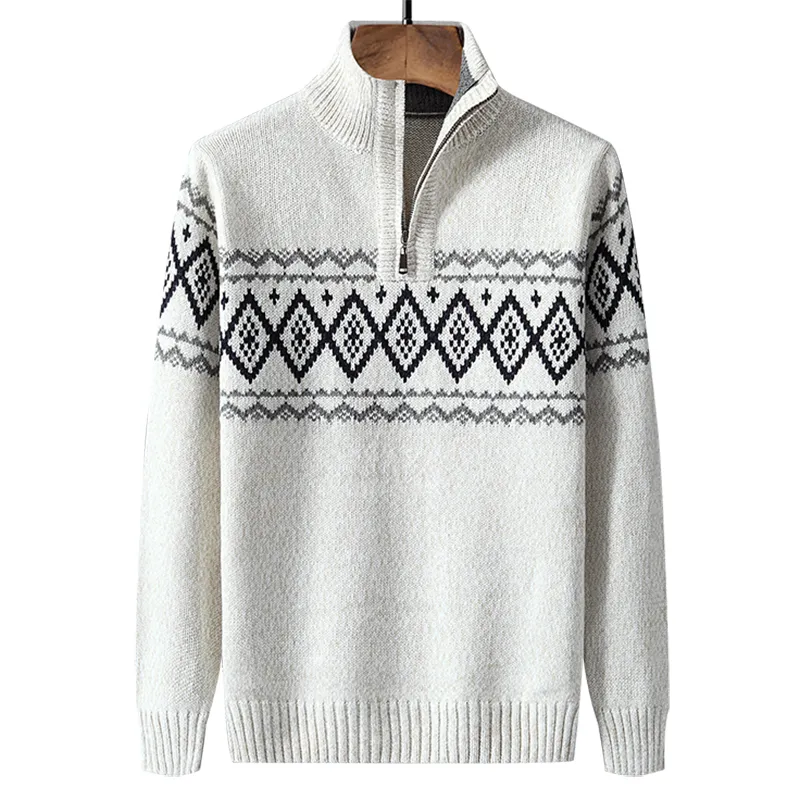 Halv Turtleneck Mens Pullovers Stickad Höst Vinter Plaid Tröja för Man Kläder Knitwear High Neck Style
