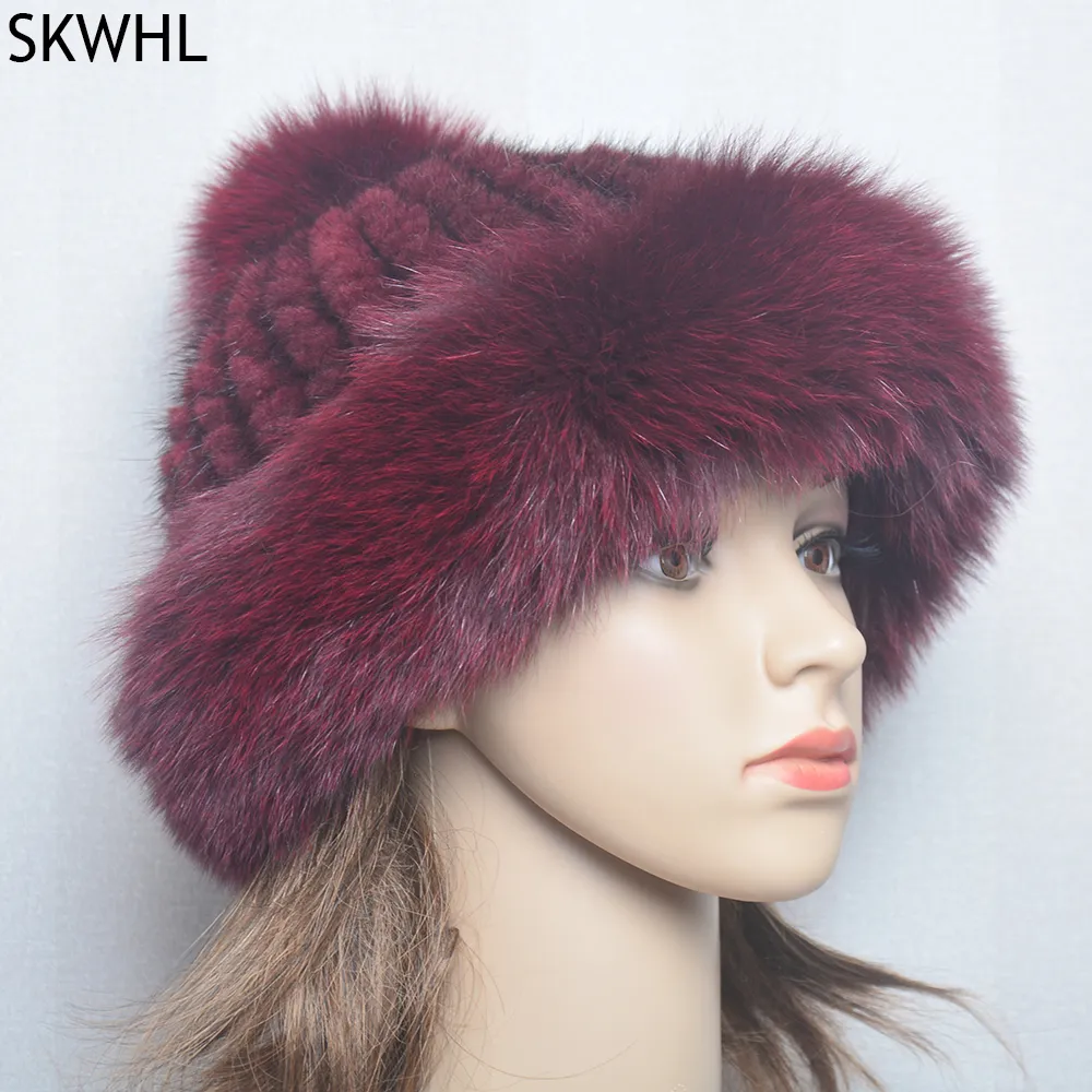 女性冬の屋外の暖かいニット本物の本物のキツネの毛皮の帽子帽子女性の帽子ビーニーミンク帽子のスカイリー