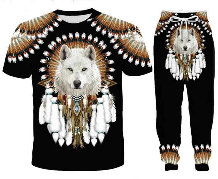 Vente en gros - 2022 Nouvelle mode Casual Native Indian Wolf 3D All Over Print Survêtements T-shirt + Pantalon de jogging Costume Femmes Hommes @ 074