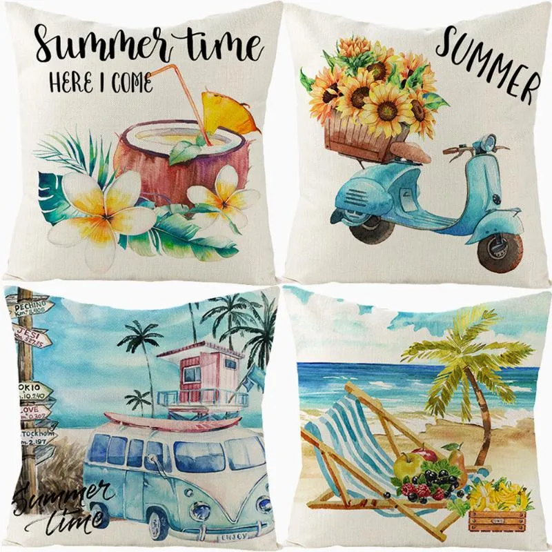 Coussin / oreiller décoratif Summer Beach Cocotier Imprimer Case décorative Blue Throw Taie d'oreiller Seaside Vacances Maison Linge Housse de coussin 45