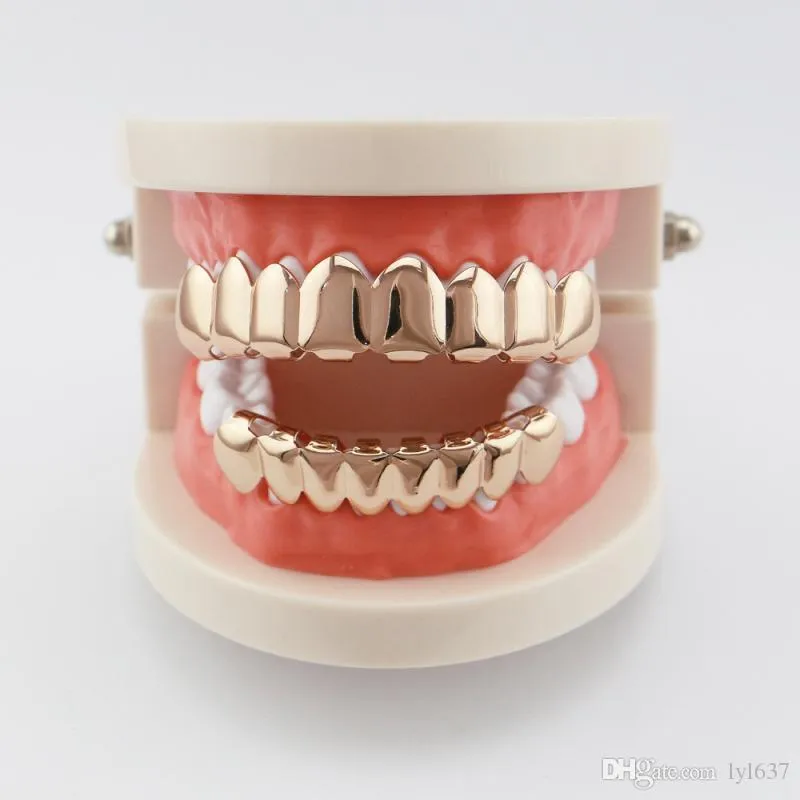 Hip Hop Glossy Copper Dental Grills Eight Teeth Gold-plated Long Braces Punk Women Men Party Jewelry Grills Set Wholesale 