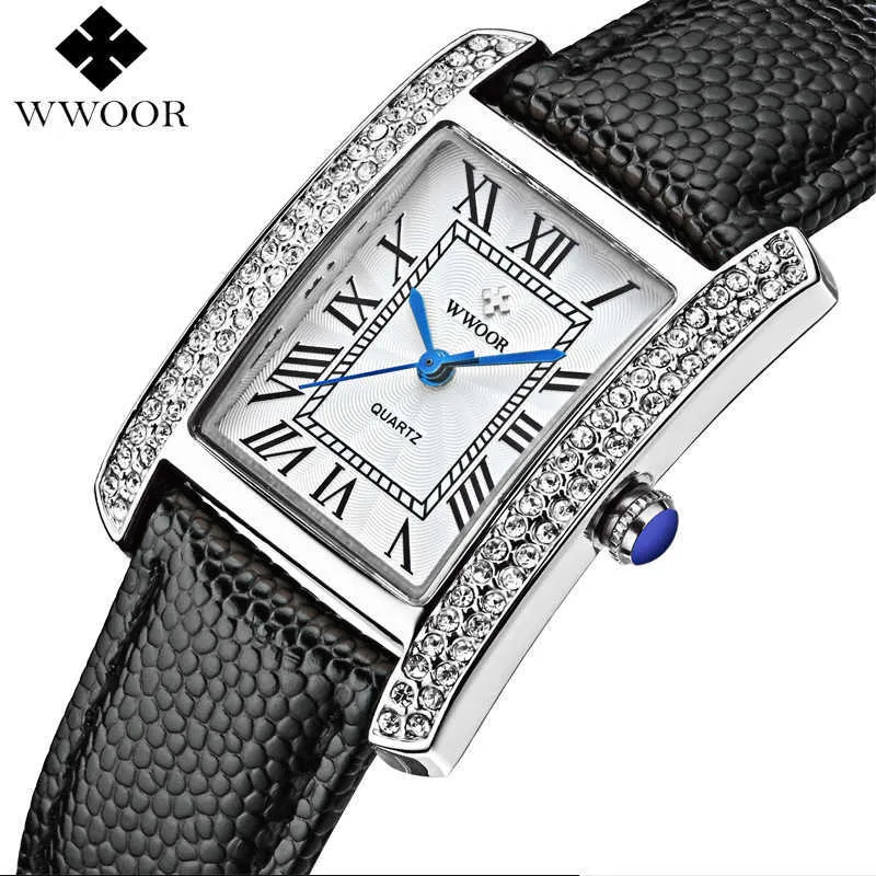 Wwoor Brand Ladies Klockor Fashion Diamond Rectangle Quartz Läder Klocka Armband för Kvinnor Svart Vit Titta Montre Femme 210527