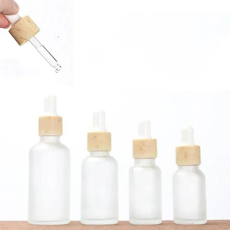 Flacon compte-gouttes en verre givré, flacon compte-gouttes vide pour liquide, pour parfum cosmétique, avec couvercles en bois imité, 10ml, 15ml, 20ml, 30ml, 50ml