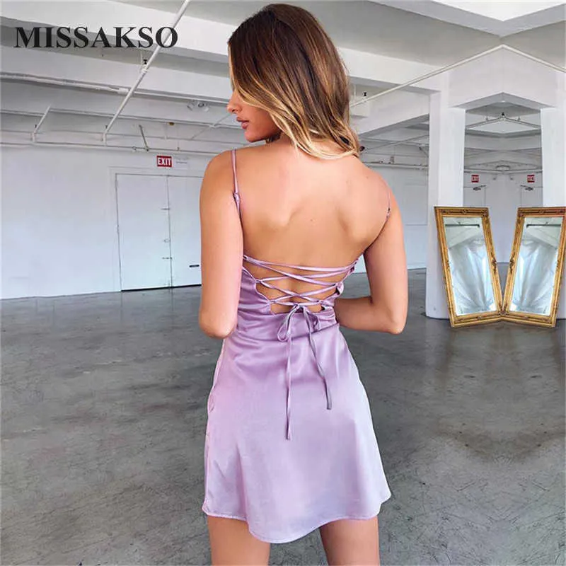 Missakso sexy backless mini jurk club a-line veter omhoog paarse feest vrouwen zomer spaghetti riem satijnen jurken 210625