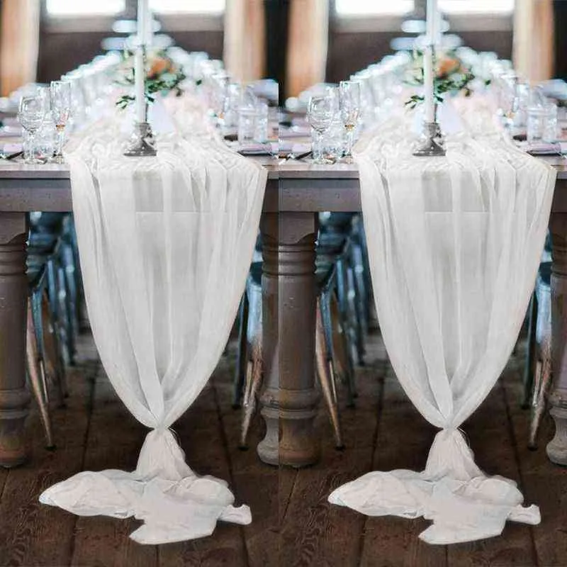 305x70cm De Mariage En Mousseline De Soie Rectangle Long Romantique Sheer Table Runner Vacances Nappe Overlay Party Décoration Dropship 211117