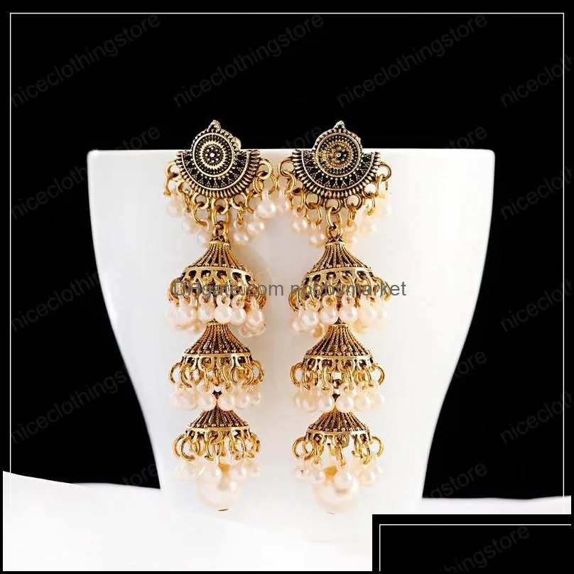 Retro Long Bell Statement Earrings Indian Jewelry For Women Vintage Boho Carved Pearl Wedding Earrings