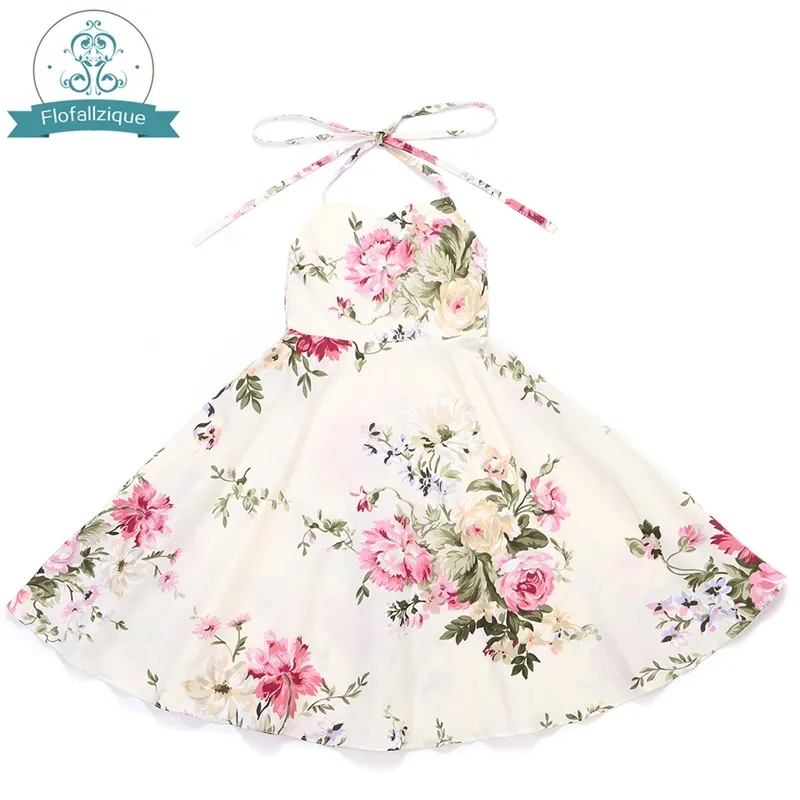 Flofallzique flor vestido vintage rosa floral impressão verão princesa festa de casamento crianças tamanho 1-8y 210303