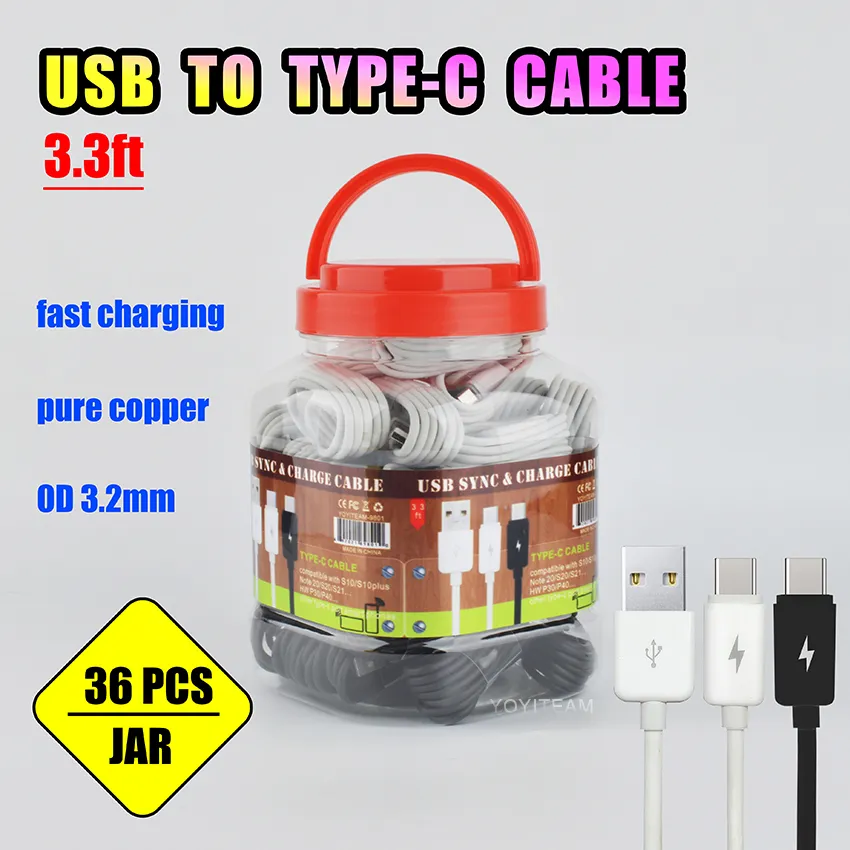 3.3ft type-c cables fast charging with plastic jar fit for galaxy S20 note20 new type-c smart phones 36pcs