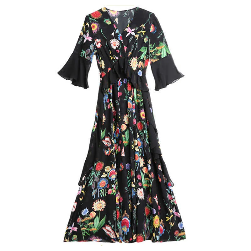 Być może U Czarne Czeski Boho Floral Print V Neck Flare Pół Rękaw Empire Wzburzyć Midi Sukienka Kobiet Plaża D1769 210529