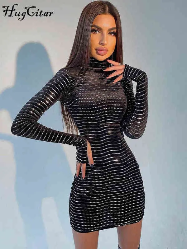 Hugcitar Glanz Bling Pailletten Langarm Rollkragen Bodycon Schlank Sexy Mini Kleid 2021 Herbst Frauen Weihnachten Party Club Y2K y1204