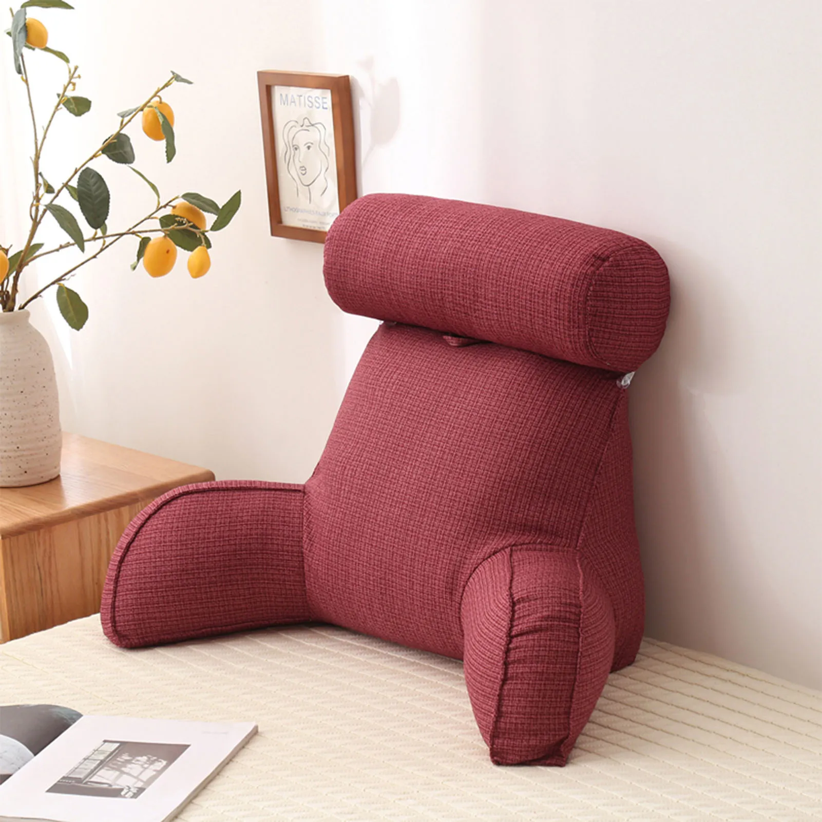 Almohada de lectura con reposabrazos, soporte desmontable para la espalda, cojín  para silla, cuello extraíble, decoración del hogar