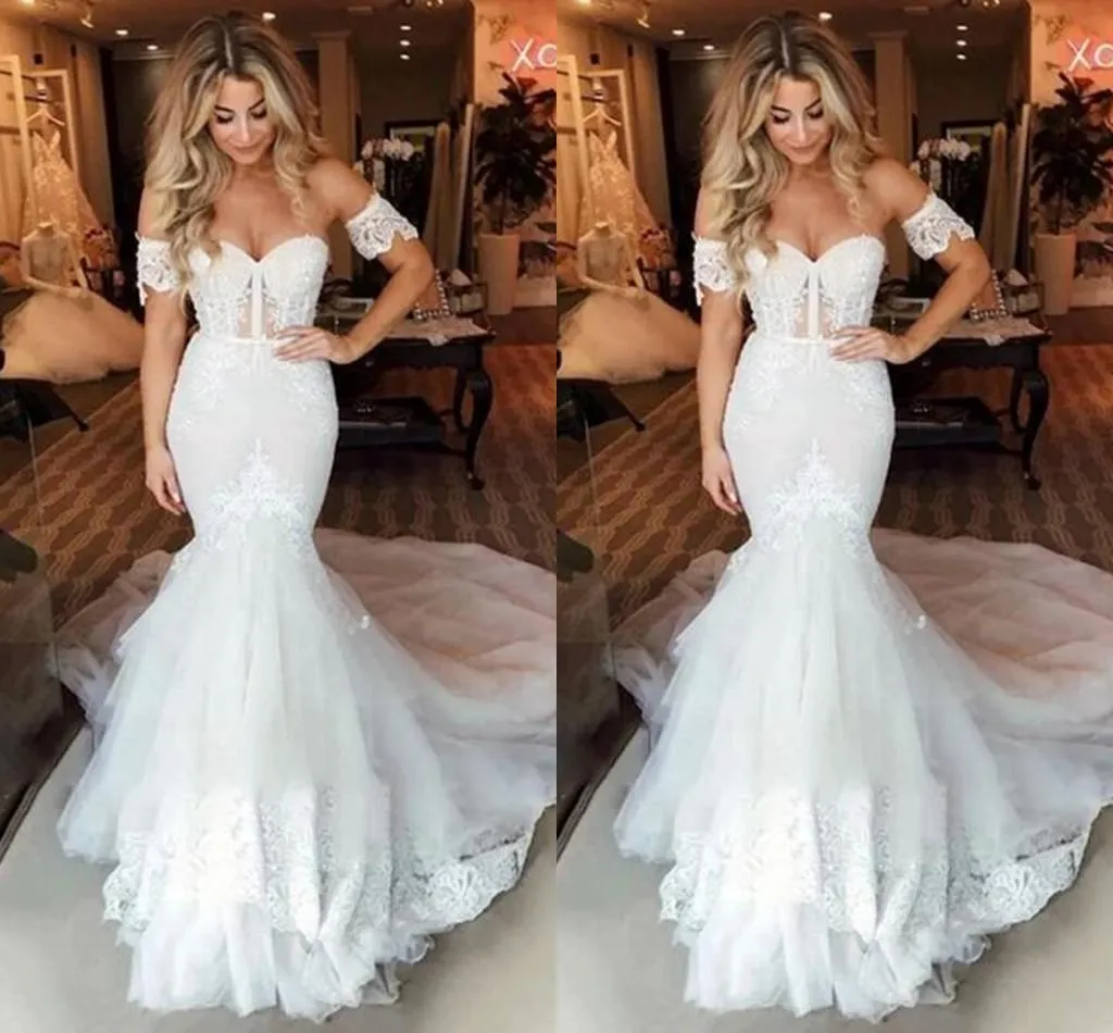 Zarif Mermaid Gelinlik Sevgiliye Boyun Çizgisi Dantel Aplike Sweep Tren Custom Made 2021 Artı Boyutu Gelinlik Vestido de novia