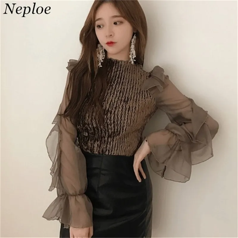 Neploe Koreanische Velour Mesh Patchwork Frauen Bluse Mode Flare Hülse Elegante Shirts Frühling Rüschen Weibliche Blusas 66844 210225