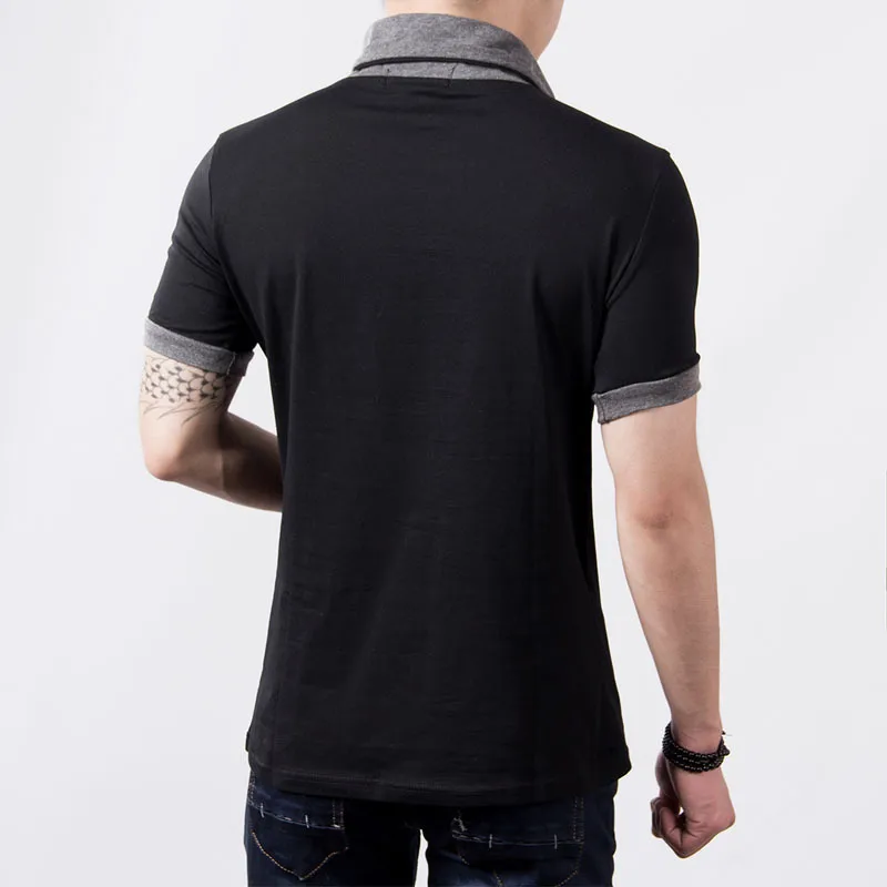 プラスサイズの夏メンズTシャツファッションスリム半袖パッチワークVネックコットンブラックTシャツ男性ボタントップスティー