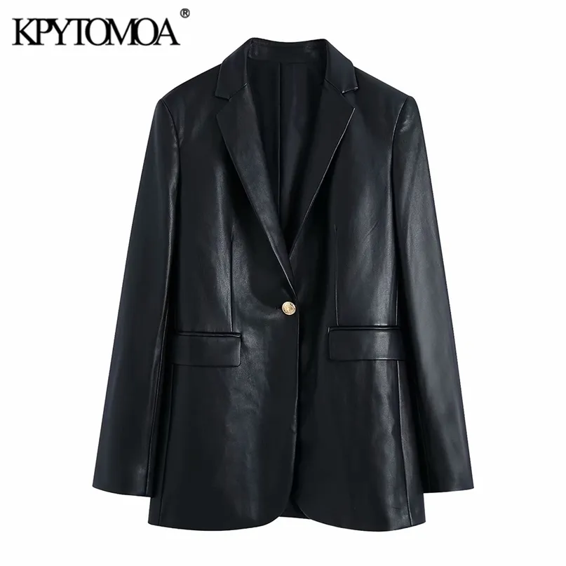 KPYTOMOA Frauen Mode Mit Metall Knopf Faux Leder Blazer Mantel Vintage Langarm Zurück Vent Weibliche Oberbekleidung Chic Veste 211019