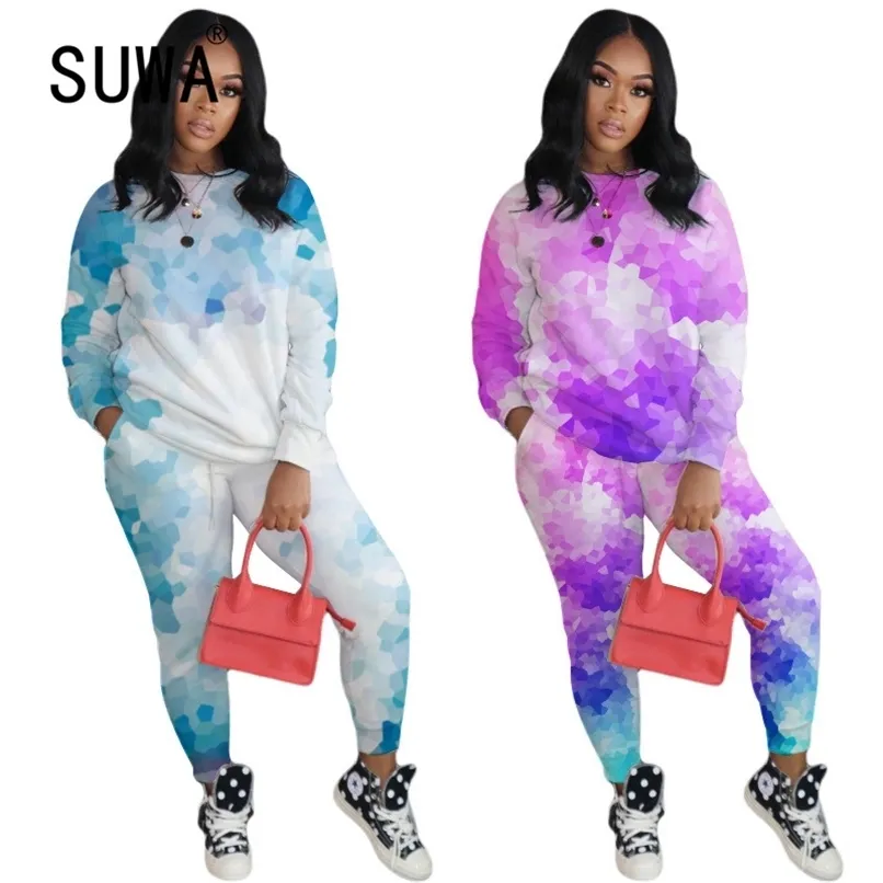 Casual Home Wear Tie Dye Tuta da donna Completi a due pezzi Set coordinati Manica lunga Felpa allentata Top Pantaloni larghi Abbigliamento sportivo 210525